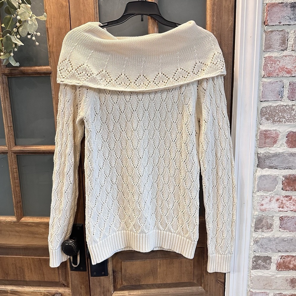 Madison Studio Sweater Womens L‎ (Med) Cream Pointelle Knit Portrait Neck